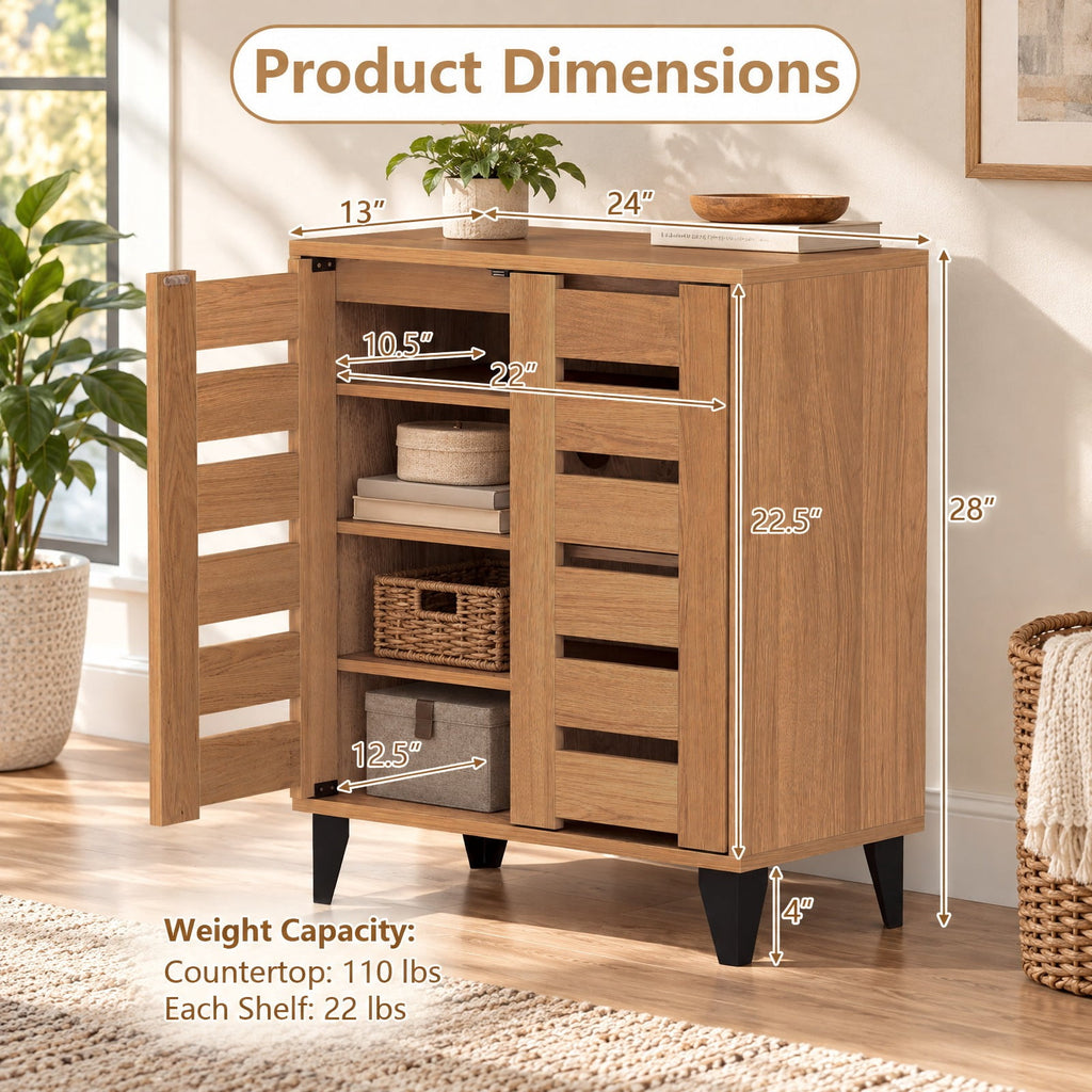Airfind 4-Tier Farmhouse Shoe Organizer with Louvered Door, 110 lbs Capacity, MDF Engineered Wood Plastic Frame, 24 x 13 x 28 Footprint, Natural