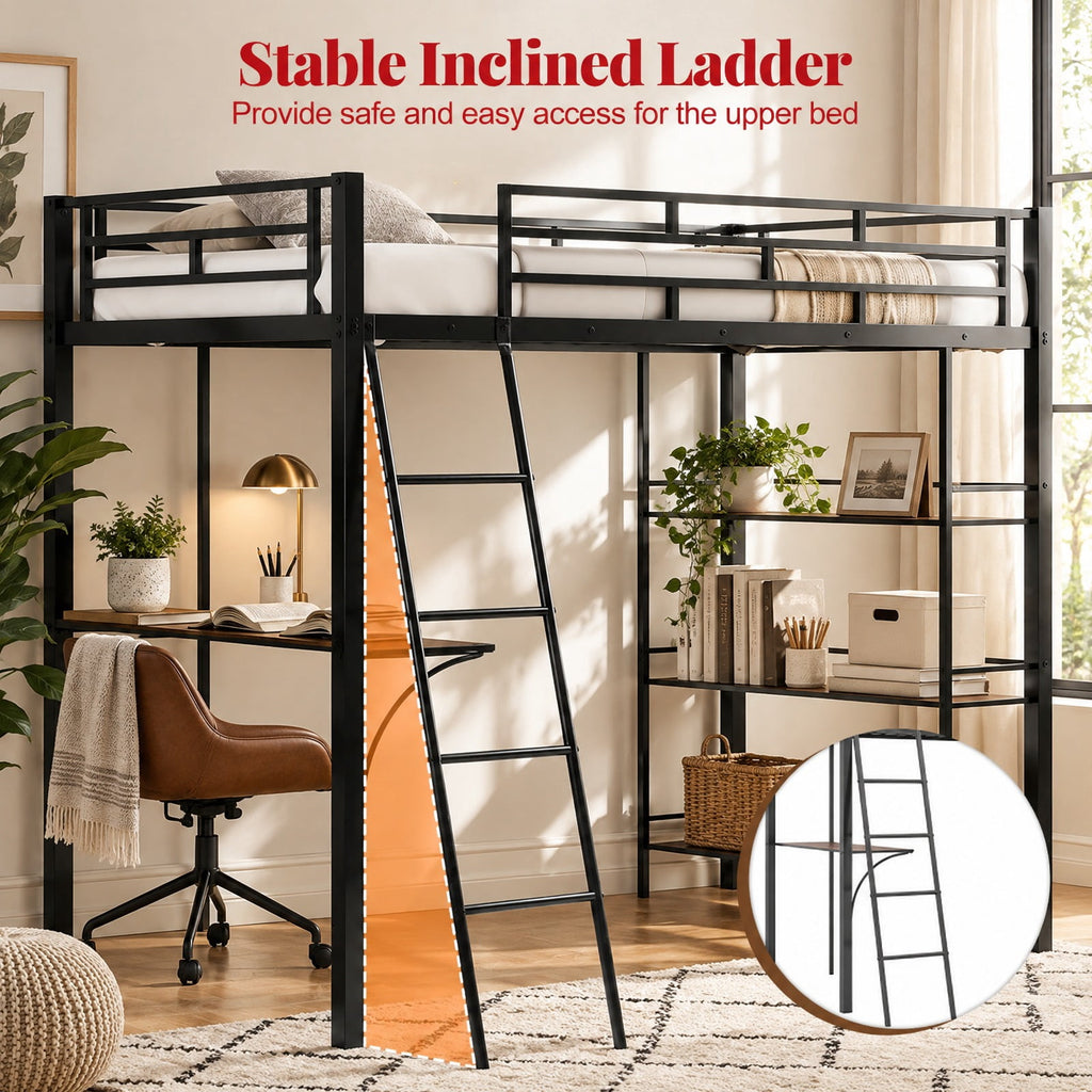 Airfind Twin Size Loft Bed with Desk and Shelves for Kids and Home, 440 lbs Capacity, Metal MDF Frame, 78 x 55.5 x 66.5 Footprint, Black