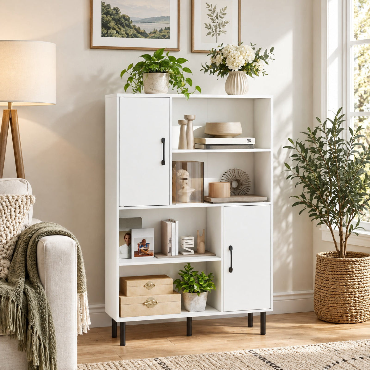 Airfind 47 Inch Storage Cabinet Freestanding Bookcase with 2 Doors and 4 Open Shelves, 176 lbs Capacity, Engineered Wood MDF Metal Frame, White
