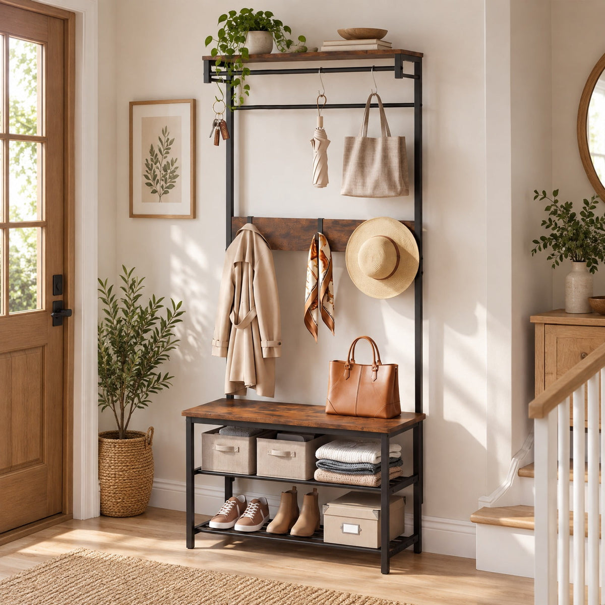 Airfind Coat Rack 4-In-1 Hall Tree with Shoe Bench and Removable Hooks, 220 lbs Capacity, Metal Engineered Wood Frame, Coffee