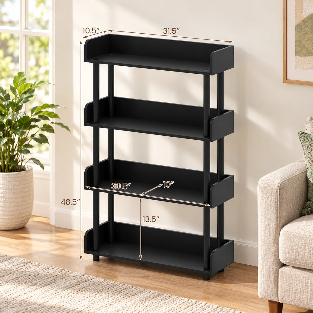 Airfind 4-Tier Bookshelf Open Bookcase with Anti-Tipping Kit Industrial Storage Unit, 33 lbs Capacity, Engineered Wood PE PP Frame, Black