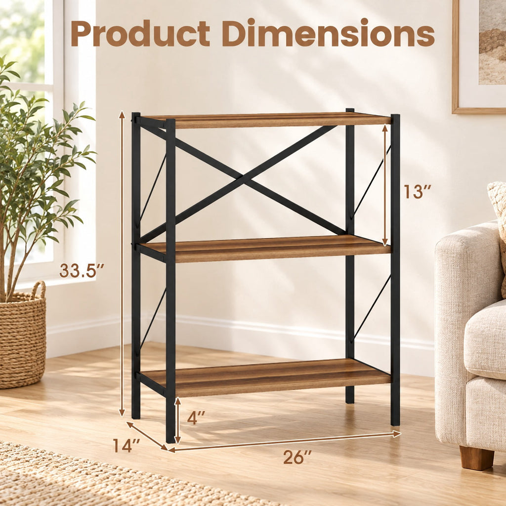 Airfind 3-Tier Bookshelf with Heavy, 5.5 lbs Capacity, Metal Engineered Wood Frame, Walnut, Product Dimensions 26 x 14 x 33.5 Spa