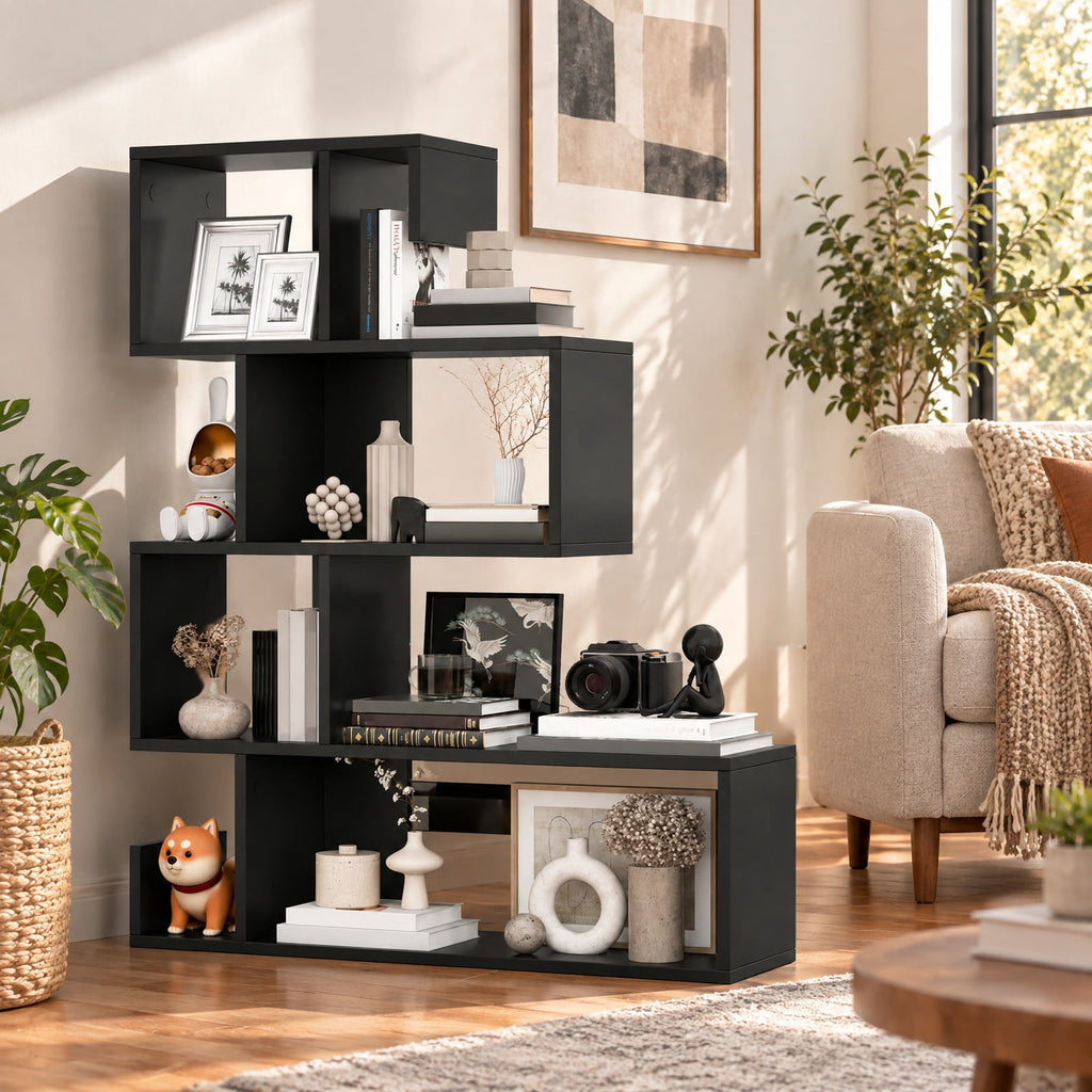 Airfind 5-Tier S-Shaped Bookshelf Geometric Z-Shelf Bookcase with Open Cubes, 44 lbs Capacity, Engineered Wood Frame, 31.5 x 8.5 x 39.5 Footprint