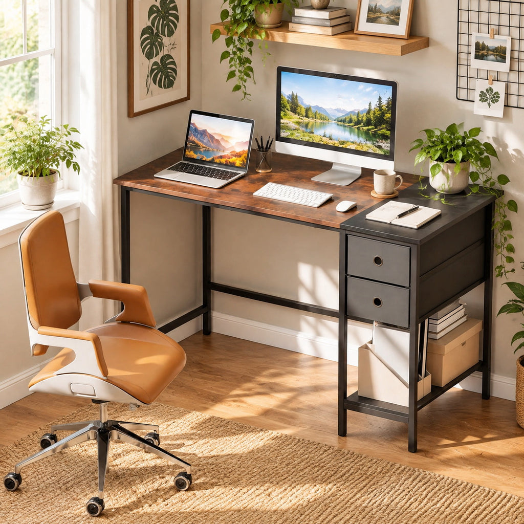 Airfind 48 Inch Computer Desk with 2 Fabric Drawers Industrial Home Office Desk, 110 lbs Capacity, Engineered Wood Metal Fabric Frame, Brown
