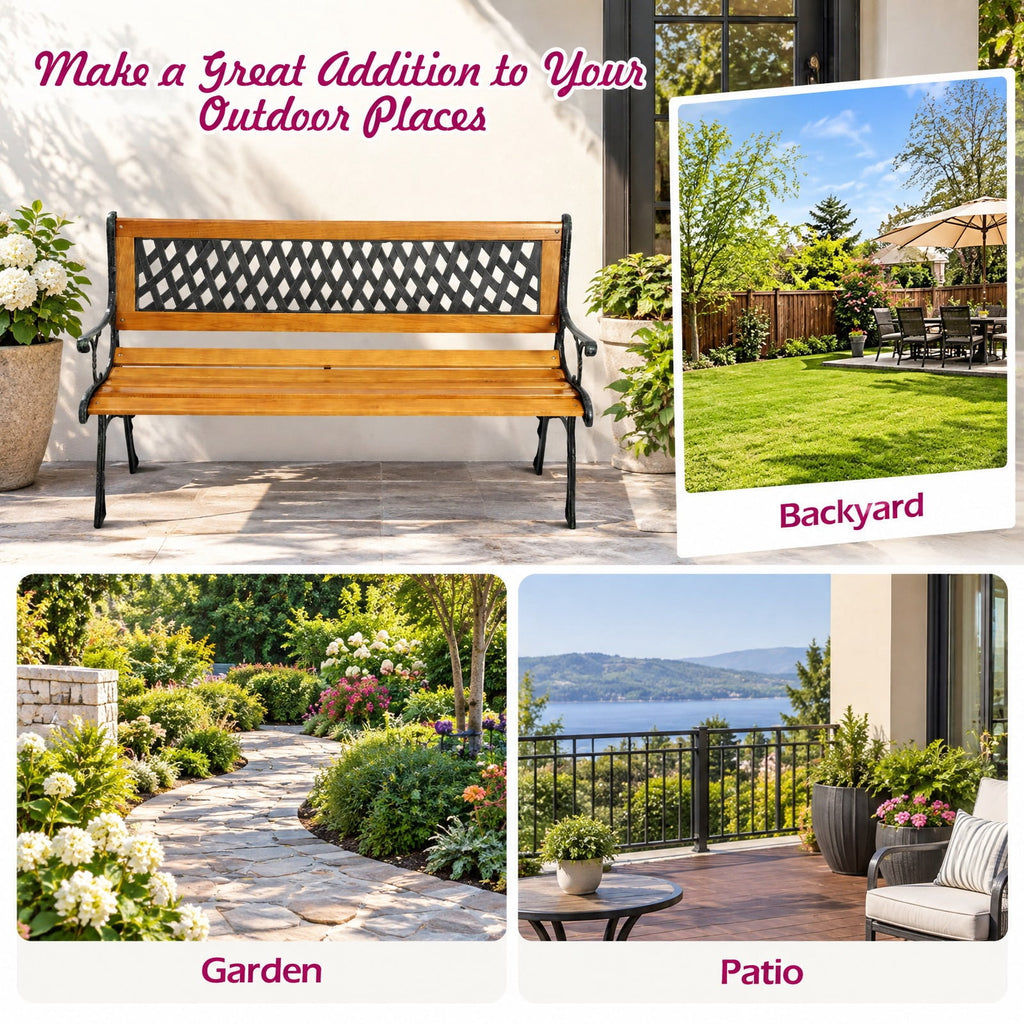 Airfind Outdoor Cast Iron Patio Bench, 463 lbs Capacity, Cast iron Frame, 49.5 x 20.5 x 29 Product weight: 30 lbs Footprint, Black + natural
