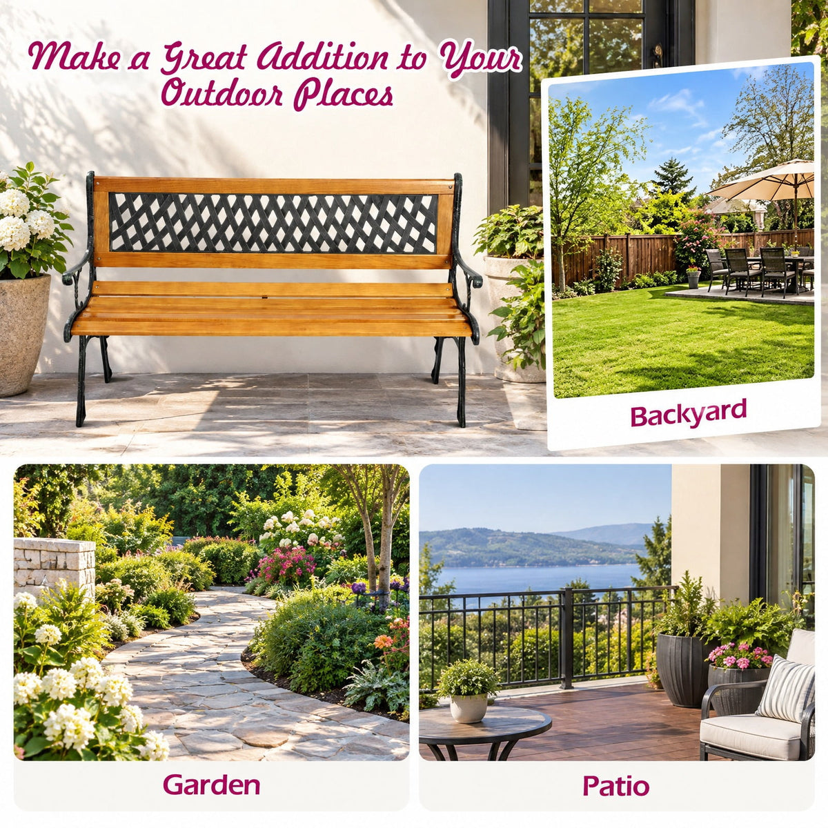 Airfind Outdoor Cast Iron Patio Bench, 463 lbs Capacity, Cast iron Frame, 49.5 x 20.5 x 29 Product weight: 30 lbs Footprint, Black + natural