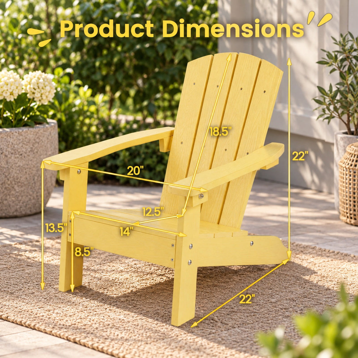 Airfind All-Weather HDPE Kids Adirondack Chair with with High Backrest and Armrests, 165 lbs Capacity, Wood-like HIPS Frame, Yellow