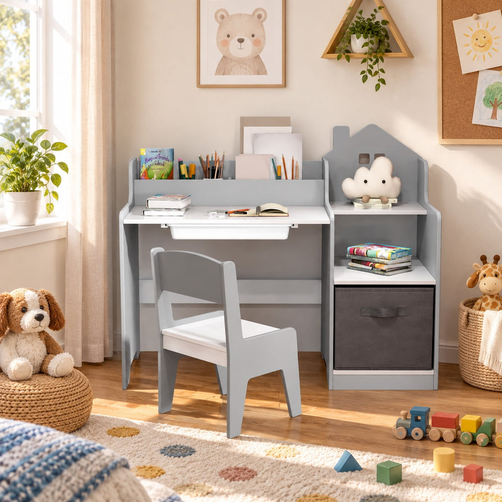 Airfind Kids Study Desk and Chair Set with Open Shelves Drawer and Fabric Storage Bin, 44 lbs Capacity, MDF Non-woven Fabric Desk Frame, Gray