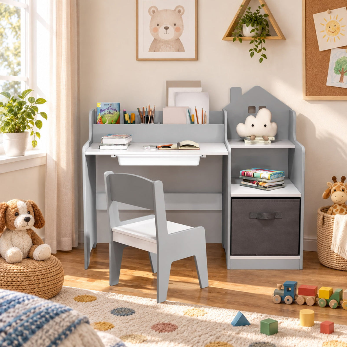 Airfind Kids Study Desk and Chair Set with Open Shelves Drawer and Fabric Storage Bin, 44 lbs Capacity, MDF Non-woven Fabric Desk Frame, Gray