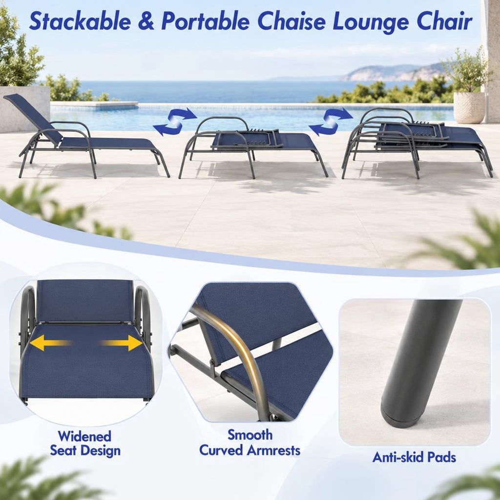 Airfind 2 Pcs Outdoor Patio Lounge Chair Chaise Fabric with Adjustable Reclining Armrest, Fabric Steel Horizontal Frame, Navy