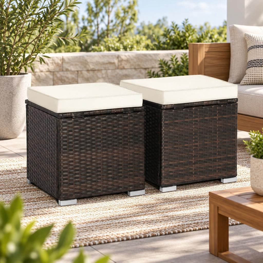 Airfind 2 Pieces Patio Ottoman with Removable Cushions, 350 lbs Capacity, Metal PE Rattan Sponge Polyester Frame, 16 x 16 x 15.5 Footprint, Brown