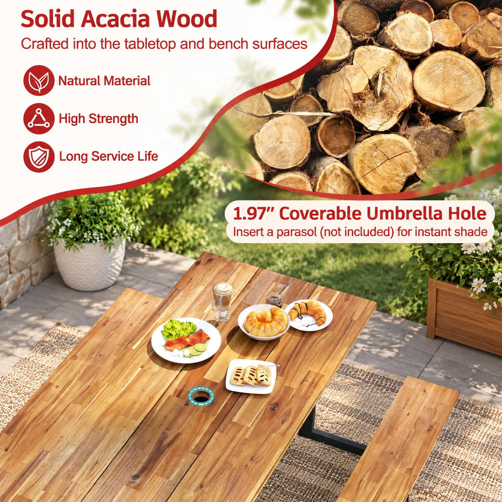 Airfind 6-Person Acacia Wood Picnic Table with 2 Built, of Tabletop 330 lbs Capacity, Acacia Wood Metal Frame, 63 x 61.5 x 29 Footprint, Wood