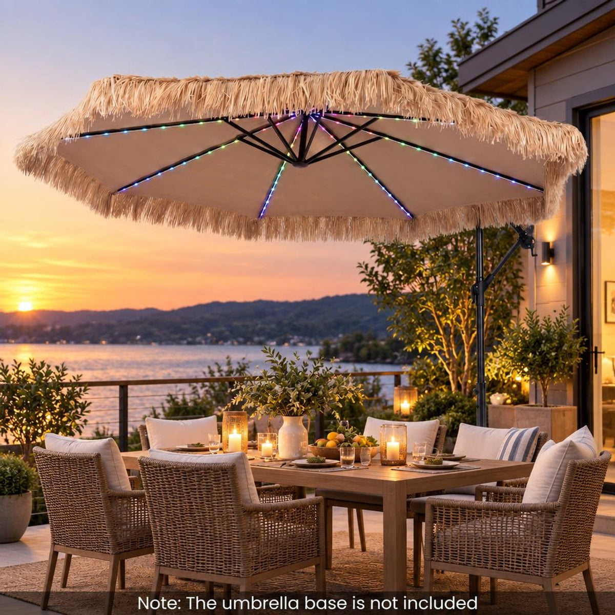 Airfind 10 FT Solar Thatched Cantilever Umbrella with 96 Multi-color Flowing Lights and 12 Modes, PE Thatch Polyester Fabric Metal ABS Frame, Brown