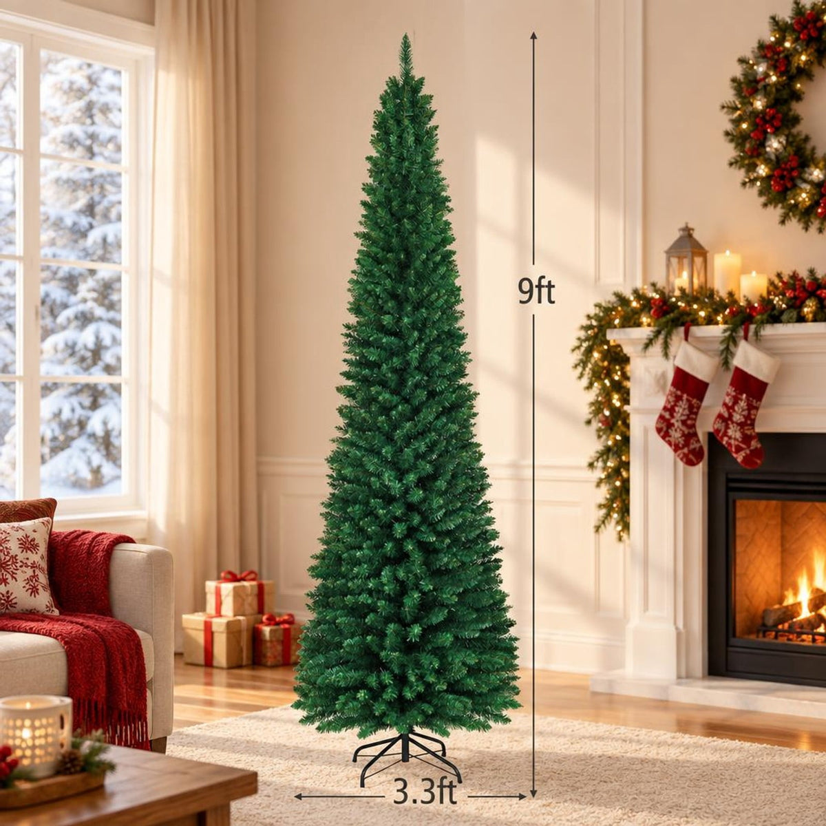 Airfind PVC Artificial Slim Pencil Christmas Tree-9 Feet, PVC iron 5 Ft: Frame, 2ft x 5ft Footprint, Green