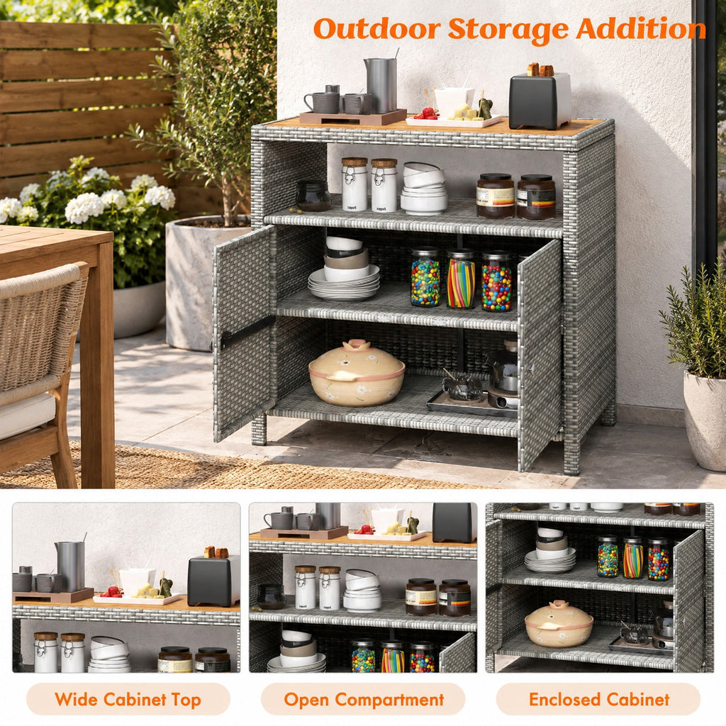 Airfind Rattan Storage Cabinet with Acacia Wood Countertop for Poolside Deck and Patio, 100 lbs Capacity, PE Rattan Acacia Wood Metal Frame, Gray