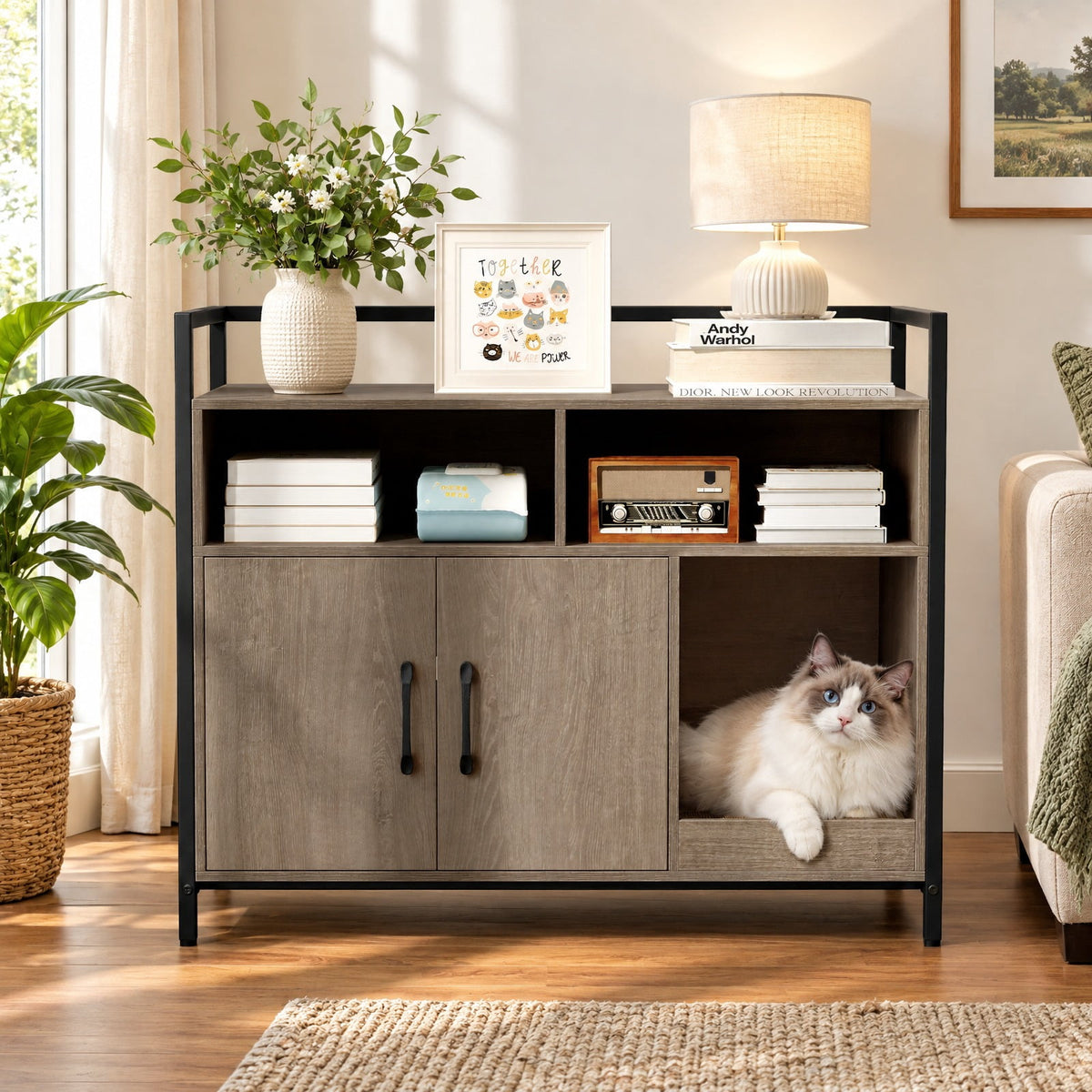 Airfind Hidden Cat Washroom with Double Doors and Scratch Cardboard, MDF Metal Frame, 35 x 17.5 x 29.5 Compartment Footprint, Oak