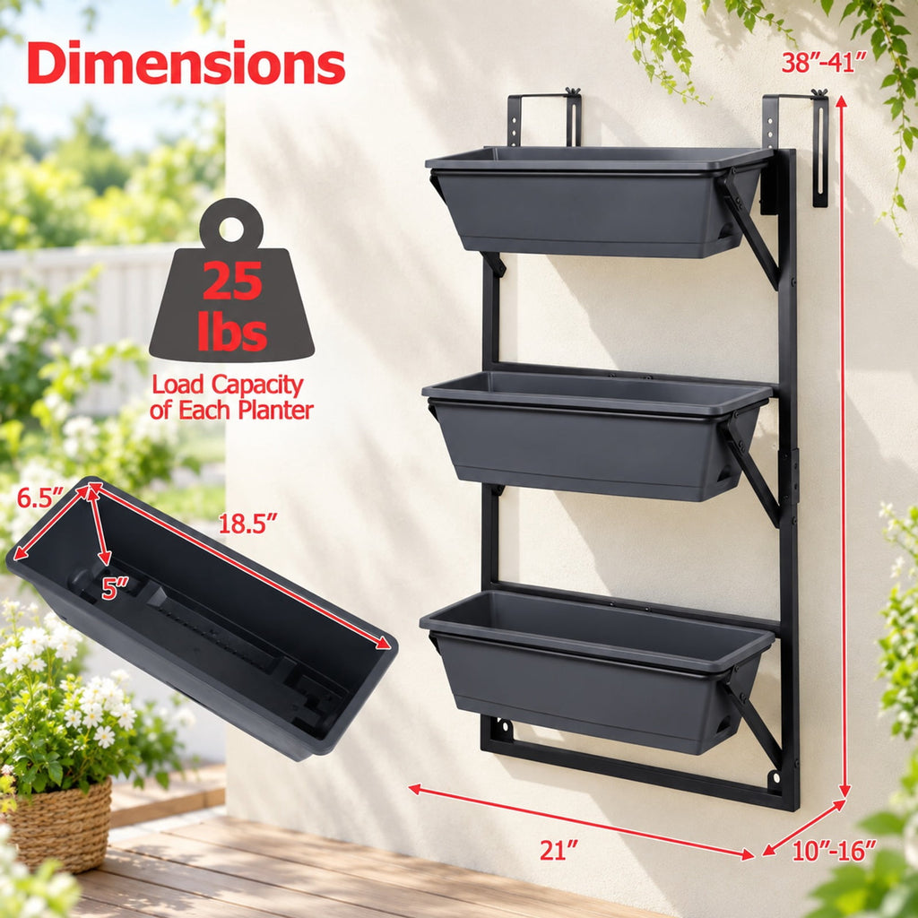 Airfind Deck Railing Planter Boxes with Adjustable Brackets and 3-Tier Design for Porch Patio, Black, Side holes make it easy to add and drain water
