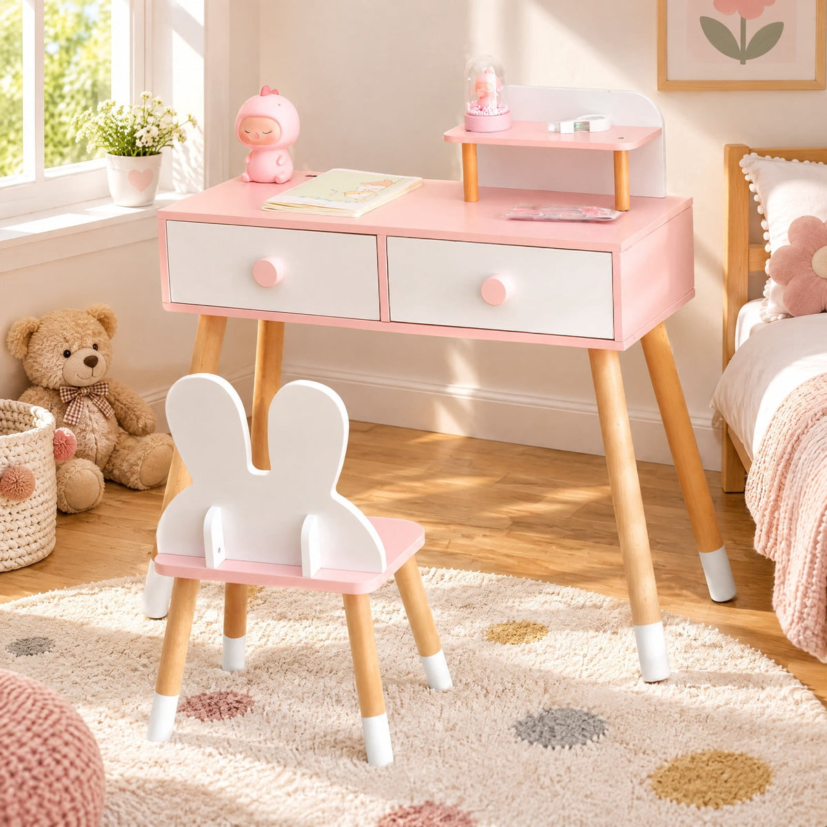 Airfind Kids Vanity Table and Chair Set with Drawer Shelf and Rabbit Mirror, 66 lbs Capacity, MDF Beech Wood Frame, White