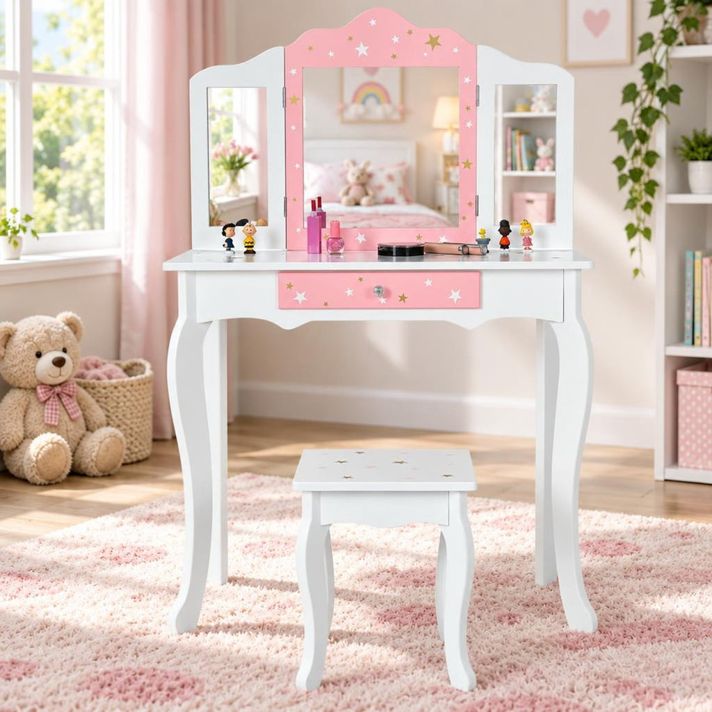 Airfind Kids Princess Vanity Table and Stool Set with Tri-folding Mirror and Drawer, 44 lbs Capacity, MDF Frame, White