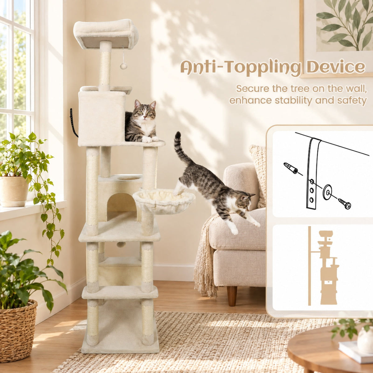 Airfind 80 Inches Tall Cat Tree with 2 Large Condos and Dangling Toys, 33 lbs Capacity, Engineered Board Sisal Plush Fabric Sponge Frame, Beige