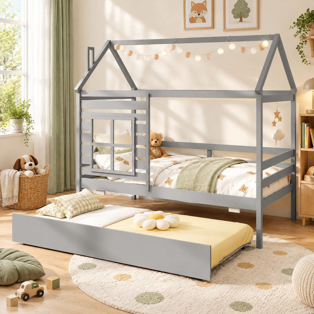 Airfind Twin Size Wooden Platform House Bed with Trundle and Roof, 250 lbs Capacity, Solid Wood Plywood Slats Engineered Wood Frame, Grey