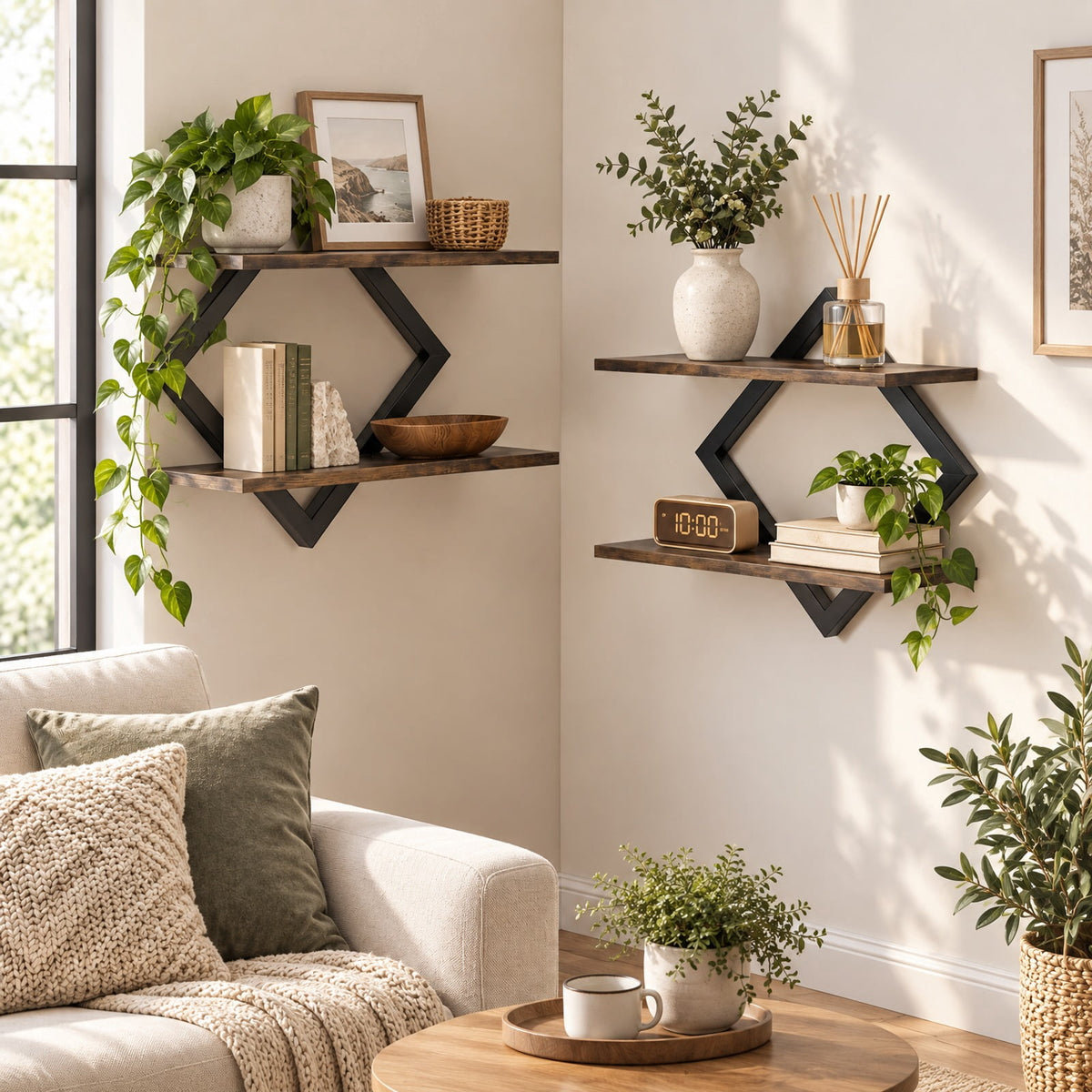 Airfind Set of 2 Metal Floating Shelves for Wall featuring Geometric Frame, Engineered Wood Metal Frame, 15 Inch x 6.5 Inch x 14 Inch Footprint, Brown