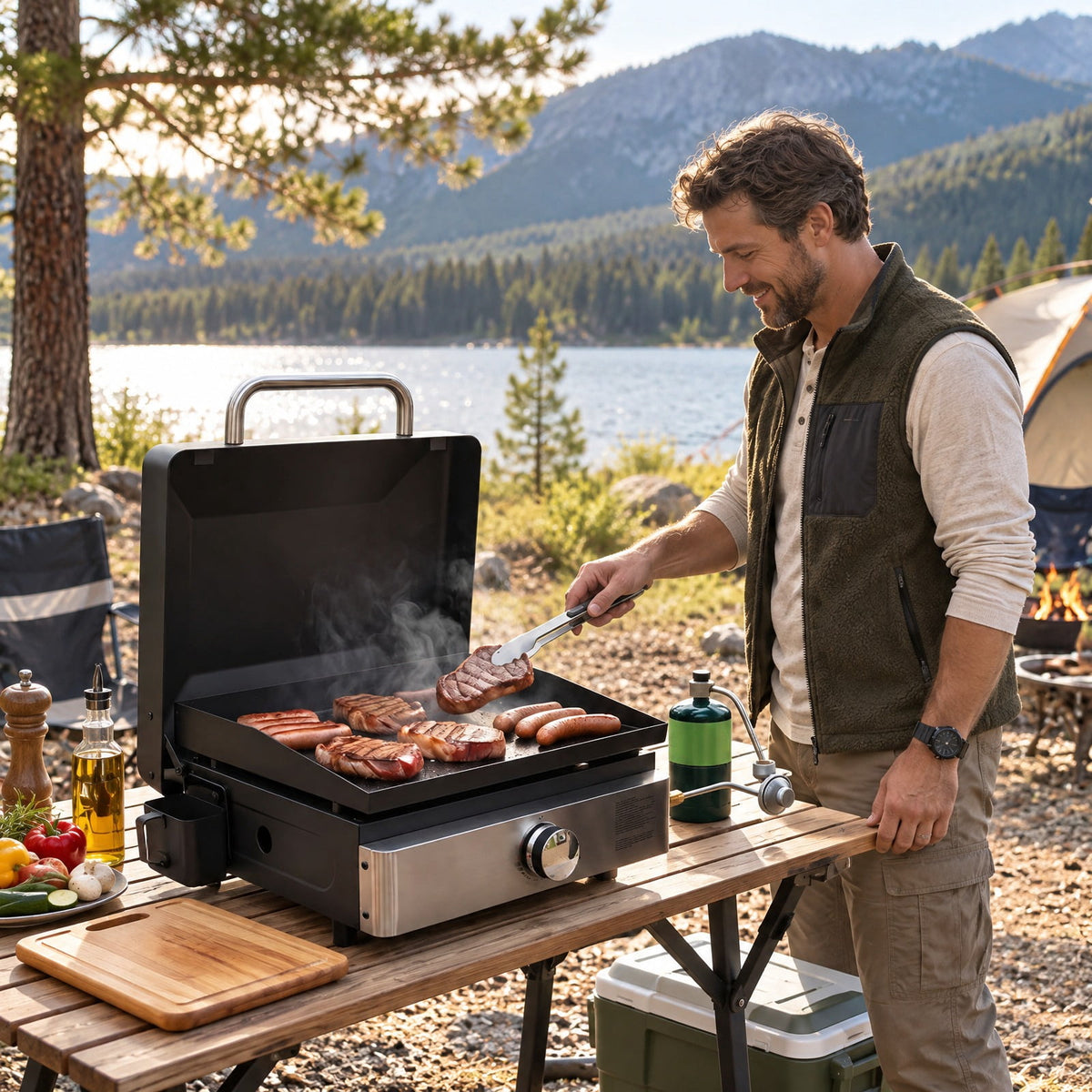 Airfind 1-Burner Portable Gas Griddle featuring Lid Non-stick Ceramic Griddle Plate, Ceramic Metal Stainless Steel Frame, Black