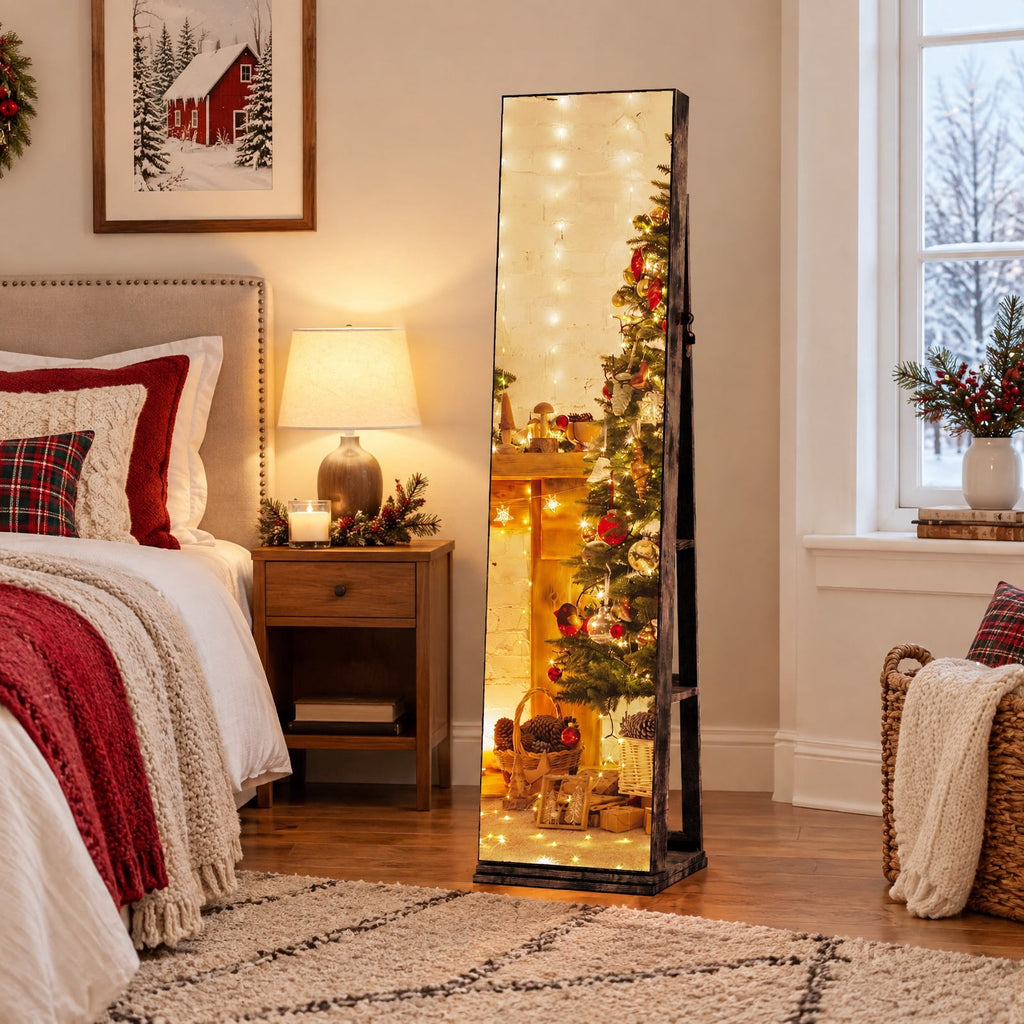 Airfind 360° Swivel Jewelry Cabinet with Full Length Mirror, MDF Frame, Brown, Open storage shelves for easy reach
