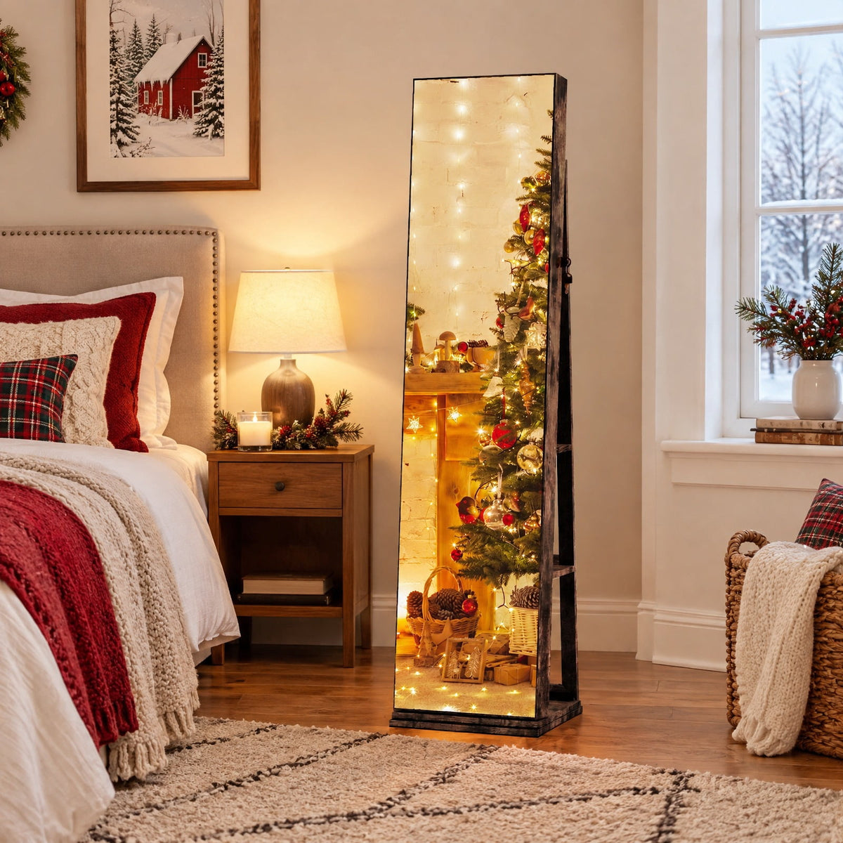 Airfind 360° Swivel Jewelry Cabinet with Full Length Mirror, MDF Frame, Brown, Open storage shelves for easy reach