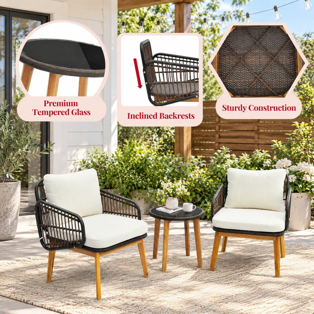 Airfind 3 Pieces Patio Furniture Set with Cushioned Chairs and Tempered Glass Side Table, 19 x 19.5 Footprint, Black