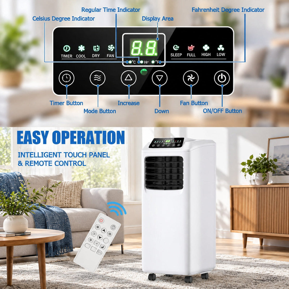 Airfind 9000 BTU Portable Air Conditioner with Built, 12 Inch x 13 Inch x 30 Inch (W x D x H) Product weight: 54.5 lbs Footprint, Black + white Cooling