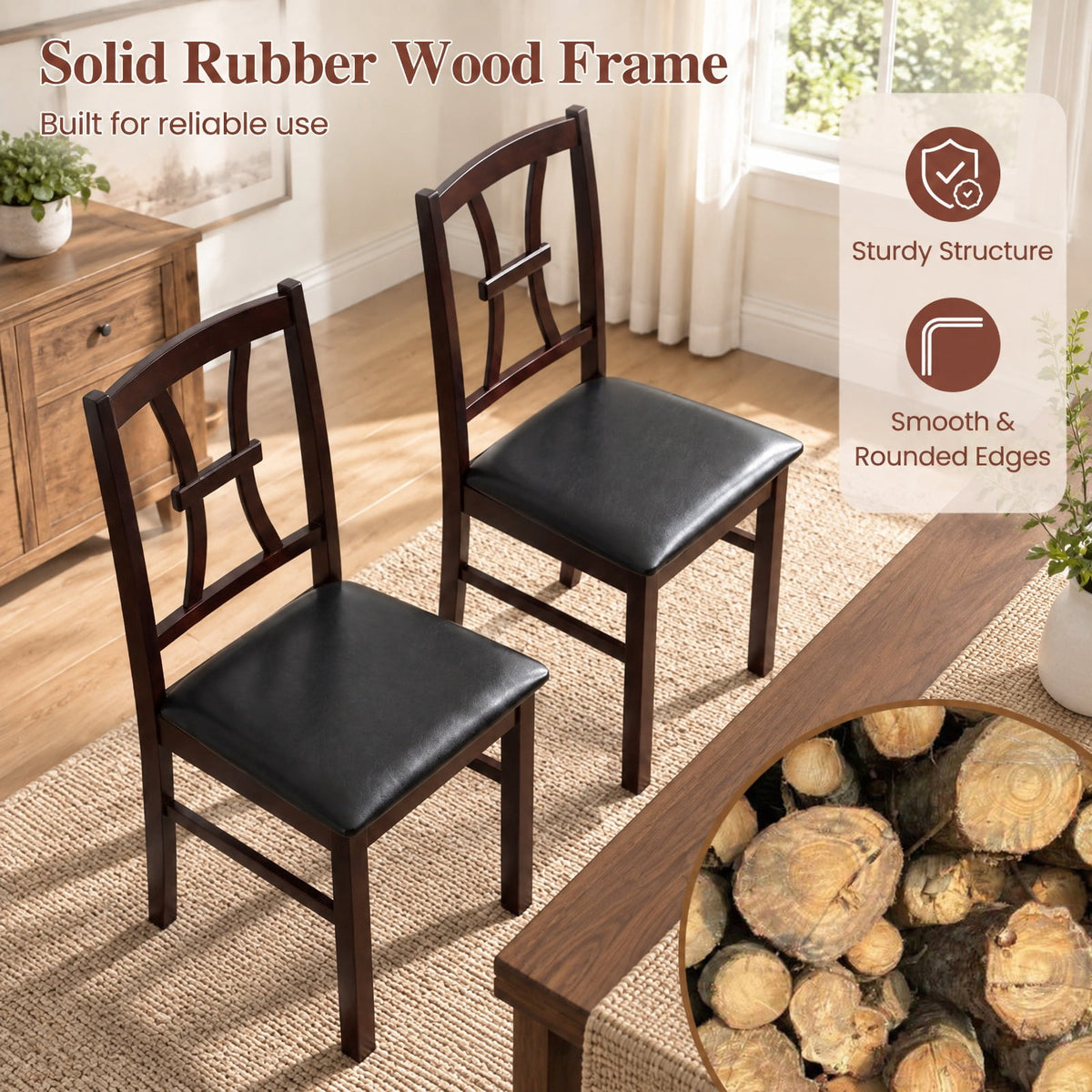 Airfind Wooden Dining Chairs Set of 2 with Faux Leather Padded Seat for Kitchen, 400 lbs Capacity, Rubber Wood Frame, Brown