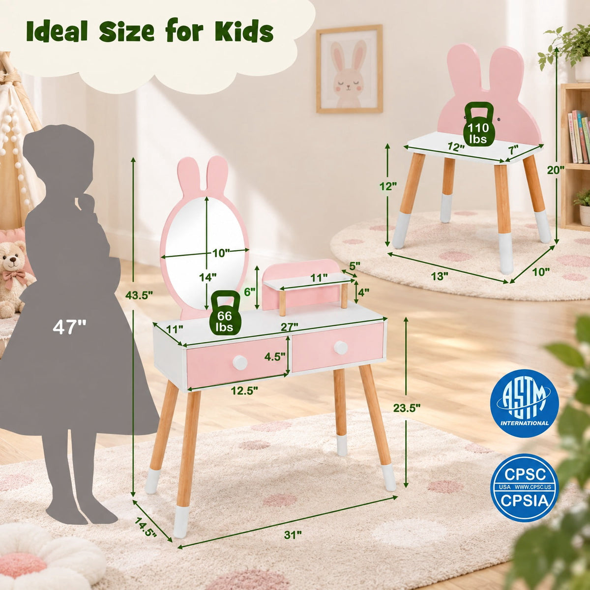 Airfind Kids Vanity Table and Chair Set with Drawer Shelf and Rabbit Mirror, 66 lbs Capacity, MDF Beech Wood Frame, Pink