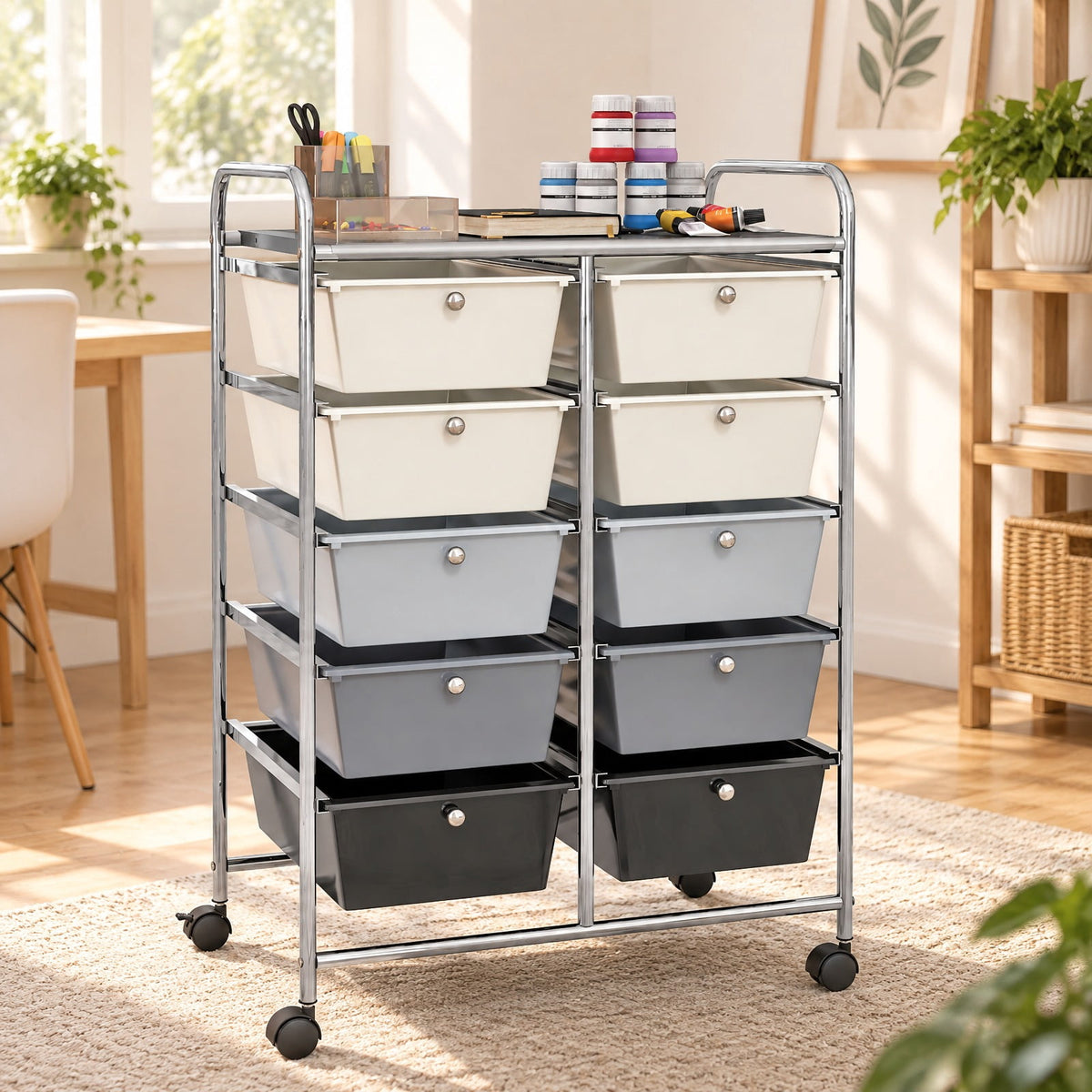 Airfind 10-Drawer Rolling Storage Cart-Beige and Gray, 22 lbs Capacity, Metal PP Frame, 26in x 14.5in x 34in Footprint, Beige
