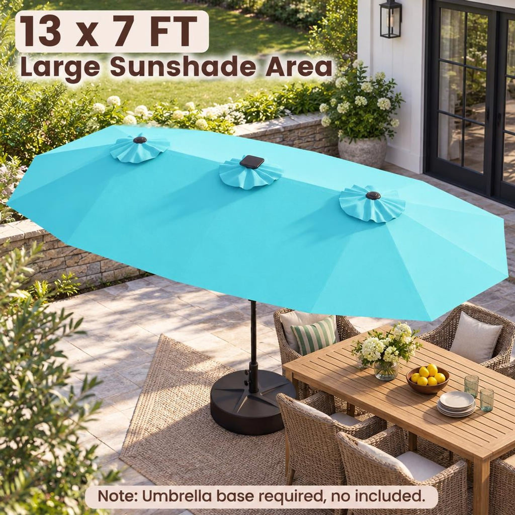 Airfind 13 FT Double-Sided Patio Umbrella with Color-Changing Flowing Solar LED Lights, Polyester Fabric Metal Frame, 13 x 7 ft Footprint, Turquoise