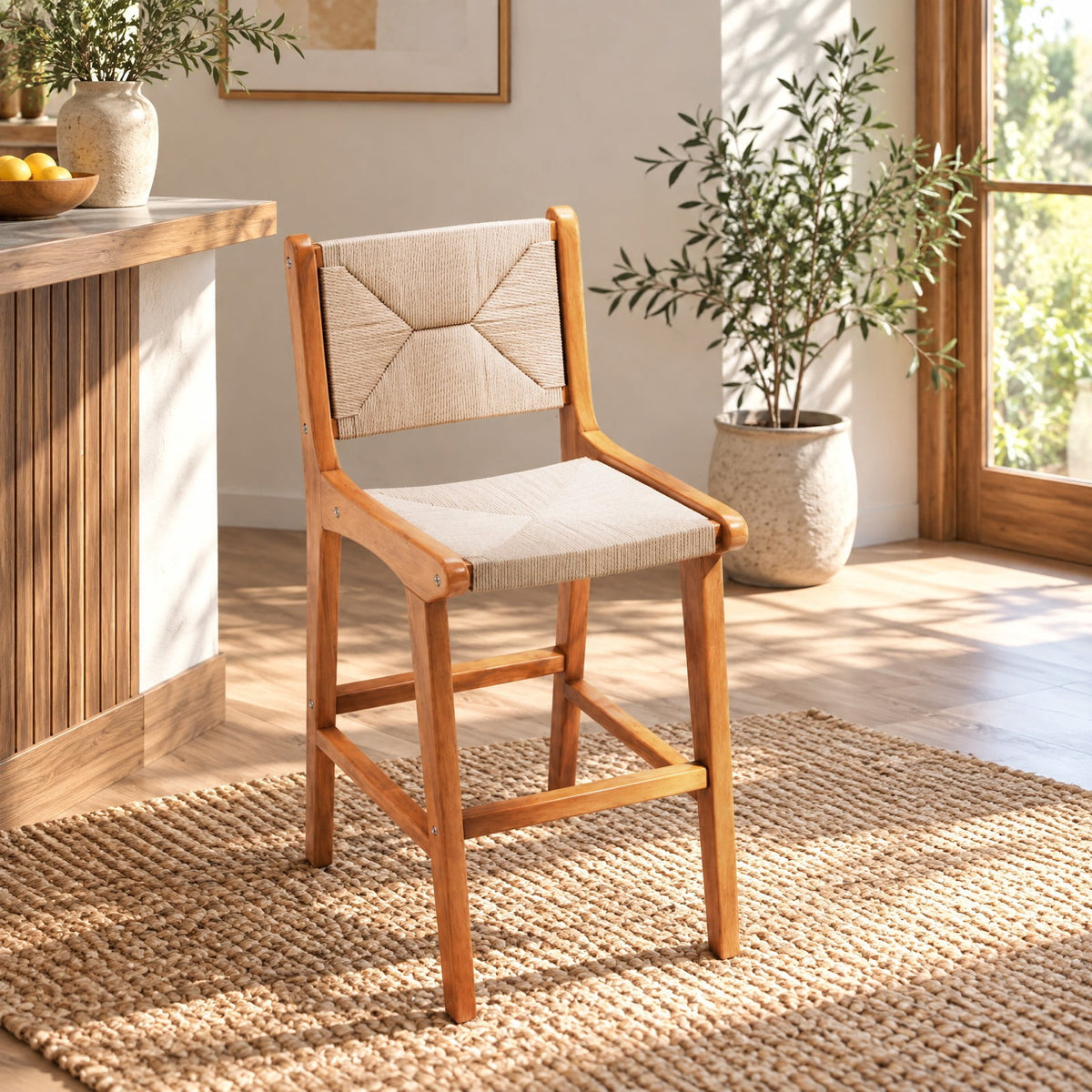 Airfind Set of 1 Outdoor Counter Height Bar Stool Woven Paper Rope Patio Barstool with Teak Wood Frame, 400 lbs Is Assembly Required: Yes Capacity