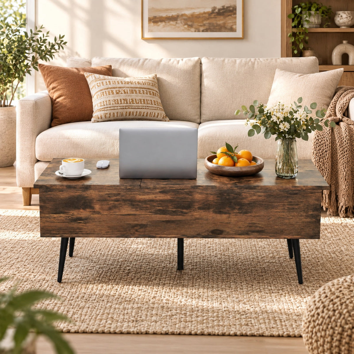 Airfind 47 Inch Lift Top Coffee Table with 2 Hidden Compartments, P2 Engineered Wood Solid Wood Steel Frame, Coffee