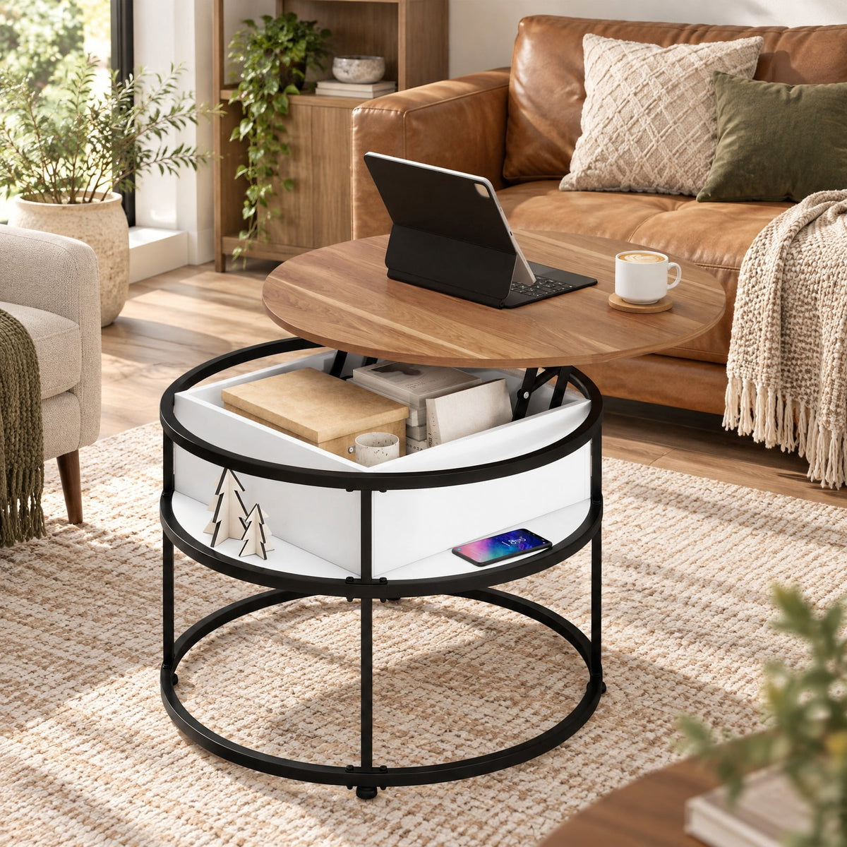 Airfind 31.5 Inch Round Lift Top Coffee Table with Hidden Compartment and Side Shelves, 110 lbs Capacity, Engineered Wood Metal Frame, Teak