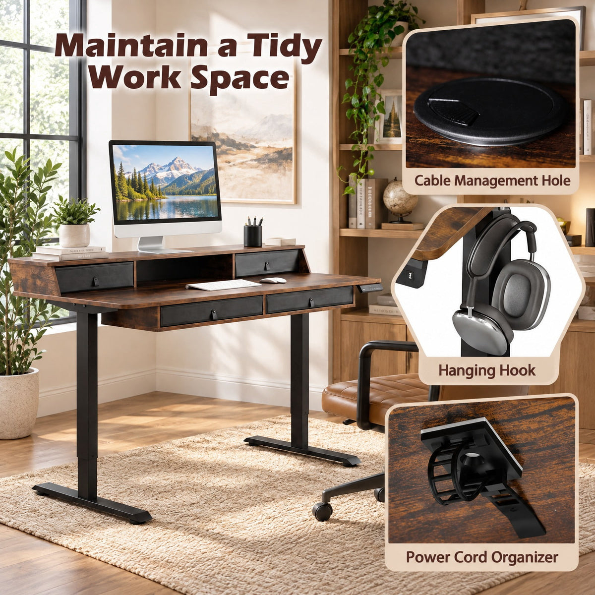 Airfind 55 Inch x 27 Inch Electric Standing Desk with Drawers, Engineered Wood Metal Fabric Frame, 55 Inch x 27 Inch x 33.5 Inch -51 Inch Footprint, Brown