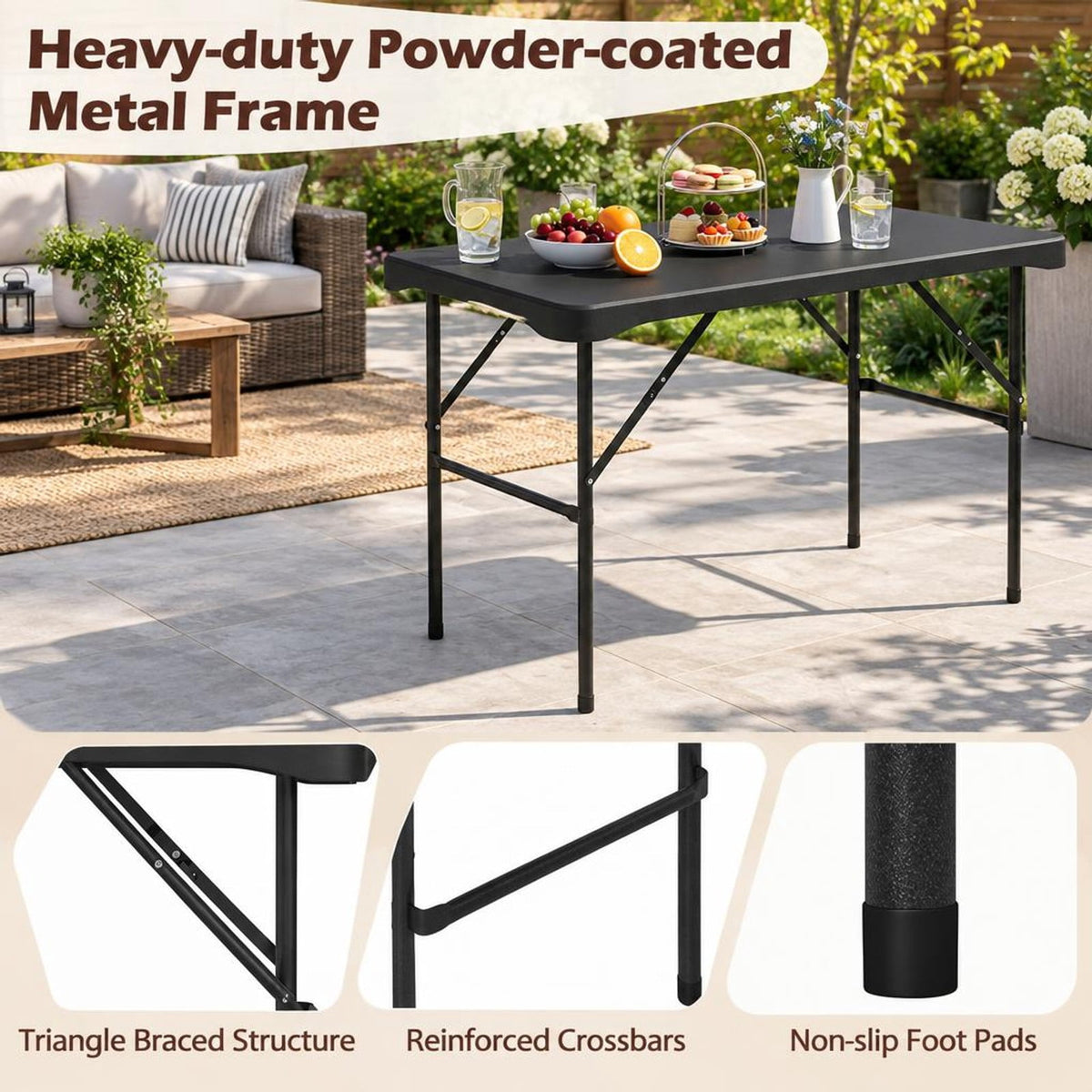 Airfind Outdoor Folding Table Bench Set w All-Weather HDPE Tabletop and Sturdy Metal Frame, 120 kg Capacity, HDPE Metal Frame, Black