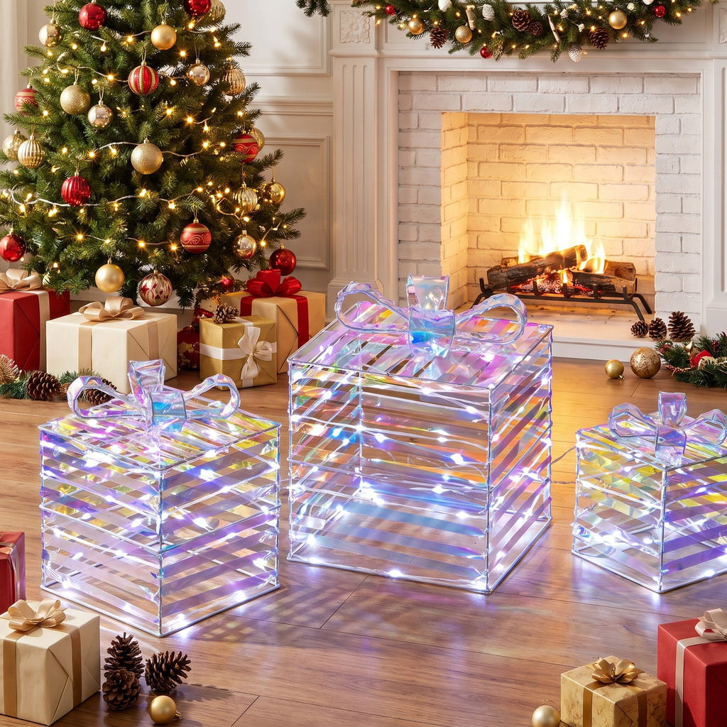 Airfind Set of 3 Christmas Lighted Gift Boxes with Bows and Plug, PVC Metal Frame, 10 Inch x 10 Inch x 10 Inch Footprint, of Light White
