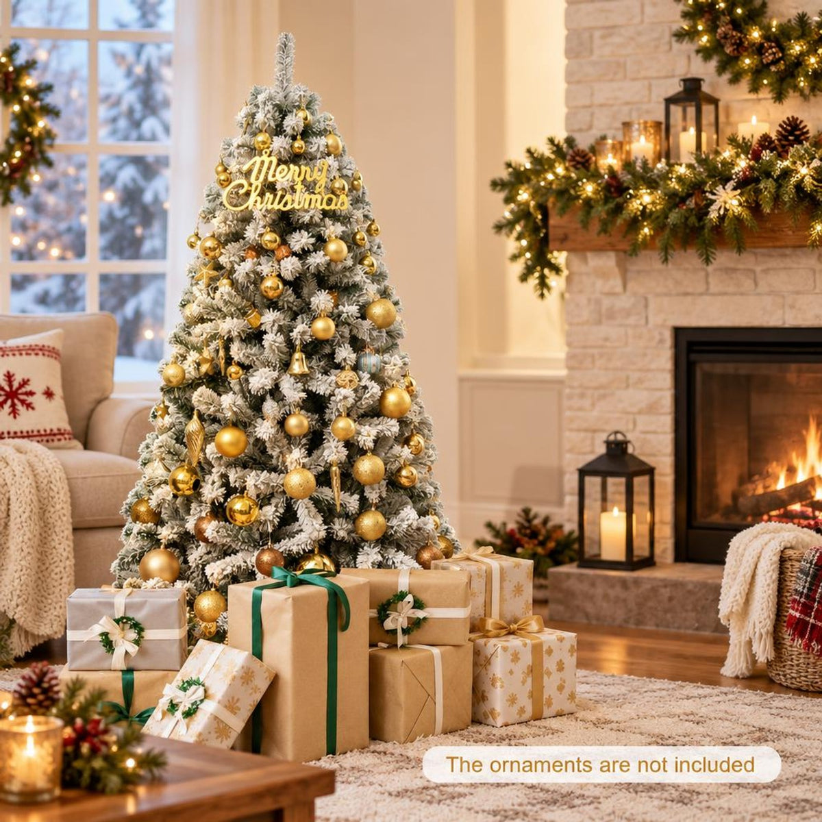 Airfind 6 Feet Artificial Snow Decorated Flocked Hinged Christmas Tree with Metal Stand, White, Diameter of Metal Stand 18 Inch 20 Inch