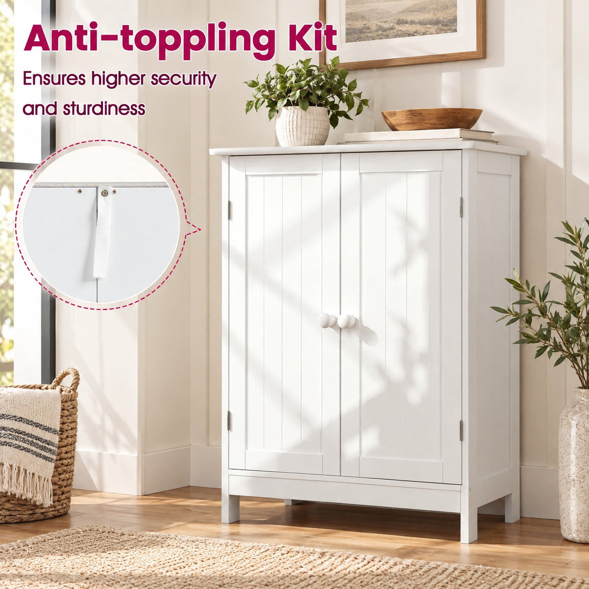 Airfind Bathroom Floor Storage Double Door Cupboard Cabinet, 22 lbs Capacity, MDF Frame, 24in x 14in x 34.5in Footprint, White