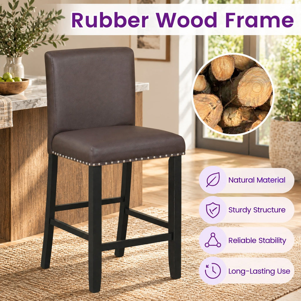 Airfind Set of 2 Bar Stools with Back for Kitchen Island, 245 lbs Capacity, Linen fabric(Gray)/PVC Leather(Black) LVL Frame, Brown