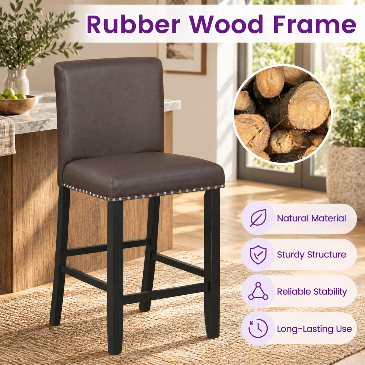 Airfind Set of 2 Bar Stools with Back for Kitchen Island, 245 lbs Capacity, Linen fabric(Gray)/PVC Leather(Black) LVL Frame, Brown