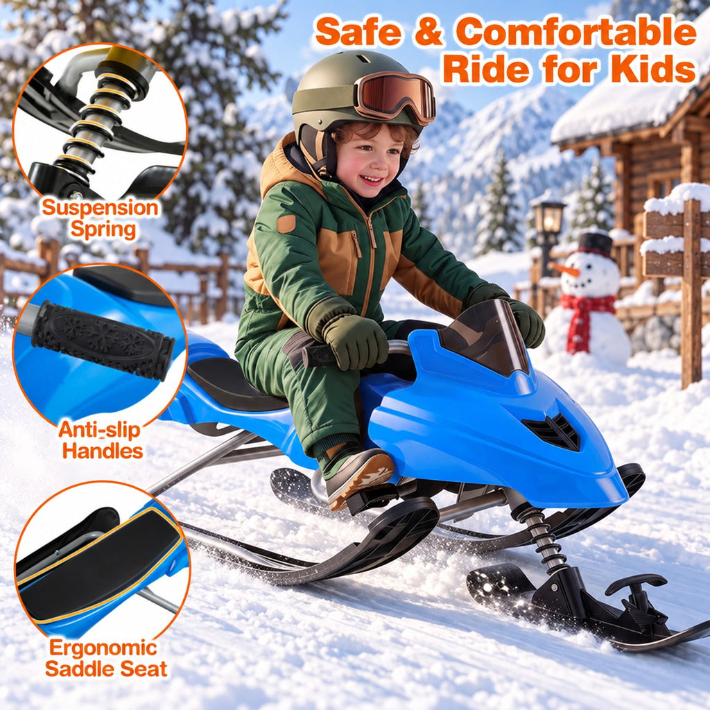 Airfind Kids Snow Racer Sled with Brakes and Tow Ropes and Steering Handle for Winter, 90 lbs Capacity, PP Metal Frame, for 6-12 Years Old, Blue