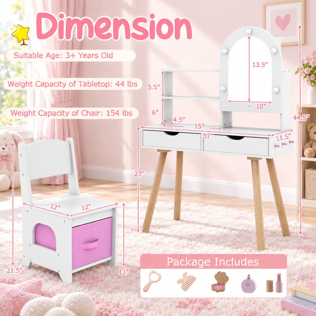 Airfind Kids Vanity Set Pretend Play Dressing Table Set with 3-Color Lighting Modes Adjustable Brightness and Mirror Cabinet, 44 lbs Capacity, White