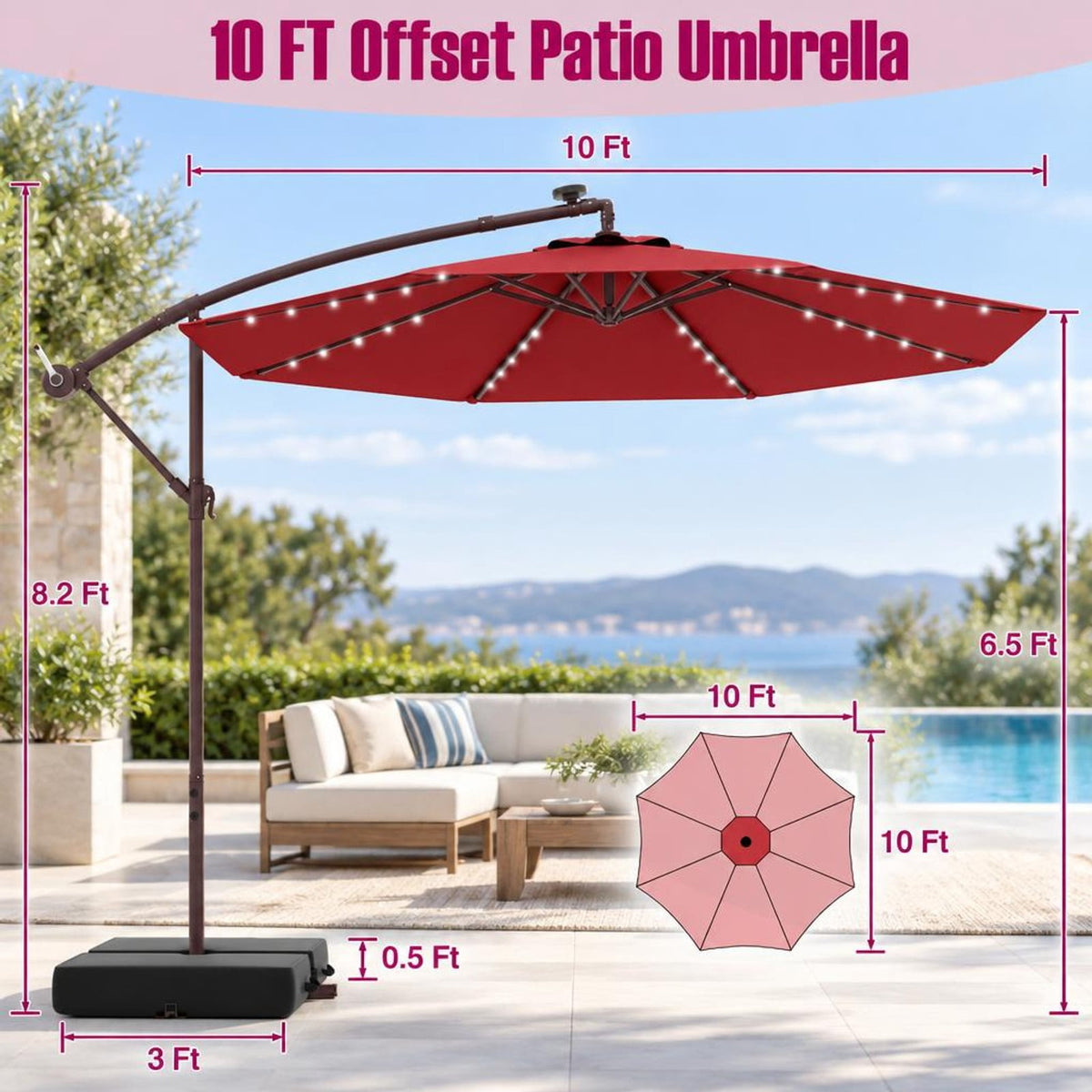 Airfind 10 Ft Patio Umbrella Offset Cantilever Umbrella with 40 Solar Powered Lights, Polyester Fabric Metal Oxford Fabric Frame, Red