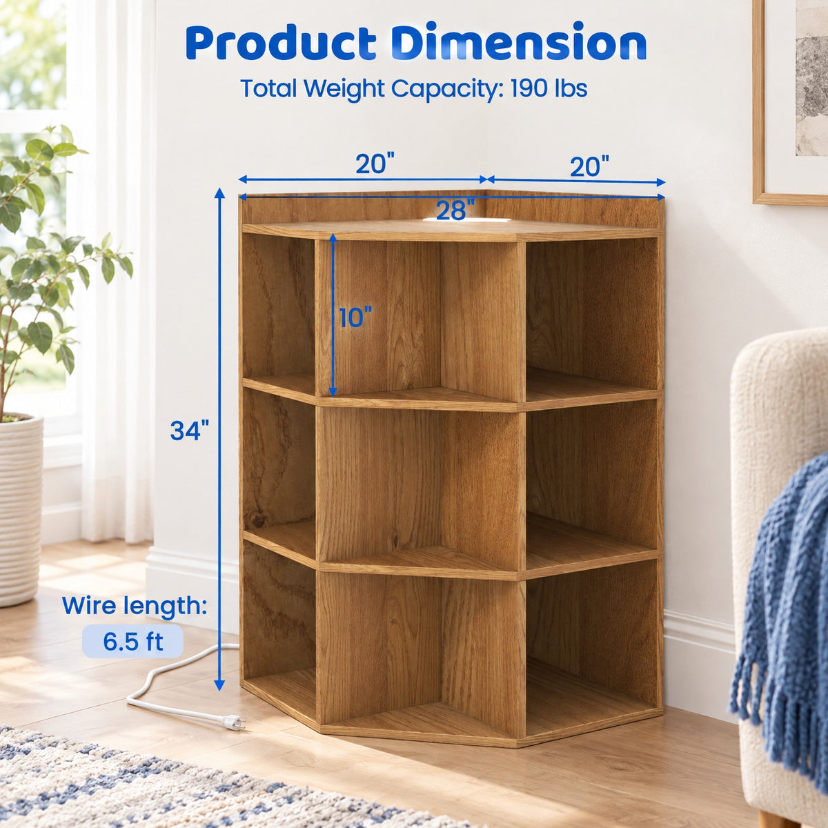 Airfind 3-Tier Corner Cabinet with Charging Station for Bedroom, Engineered Wood Frame, 20 x 20 x 34 inch Footprint, Natural