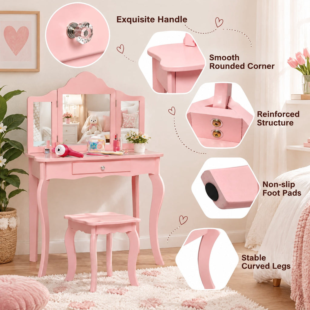 Airfind Kids Makeup Dressing Mirror Vanity Table Stool Set, 33 lbs Capacity, MDF Frame, 27.5 x 13.5 x 41 Footprint, Pink